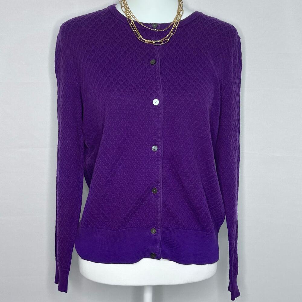 Lands’ End Purple Supima Cotton Textured Cardigan Sweater Large Petite 14–16